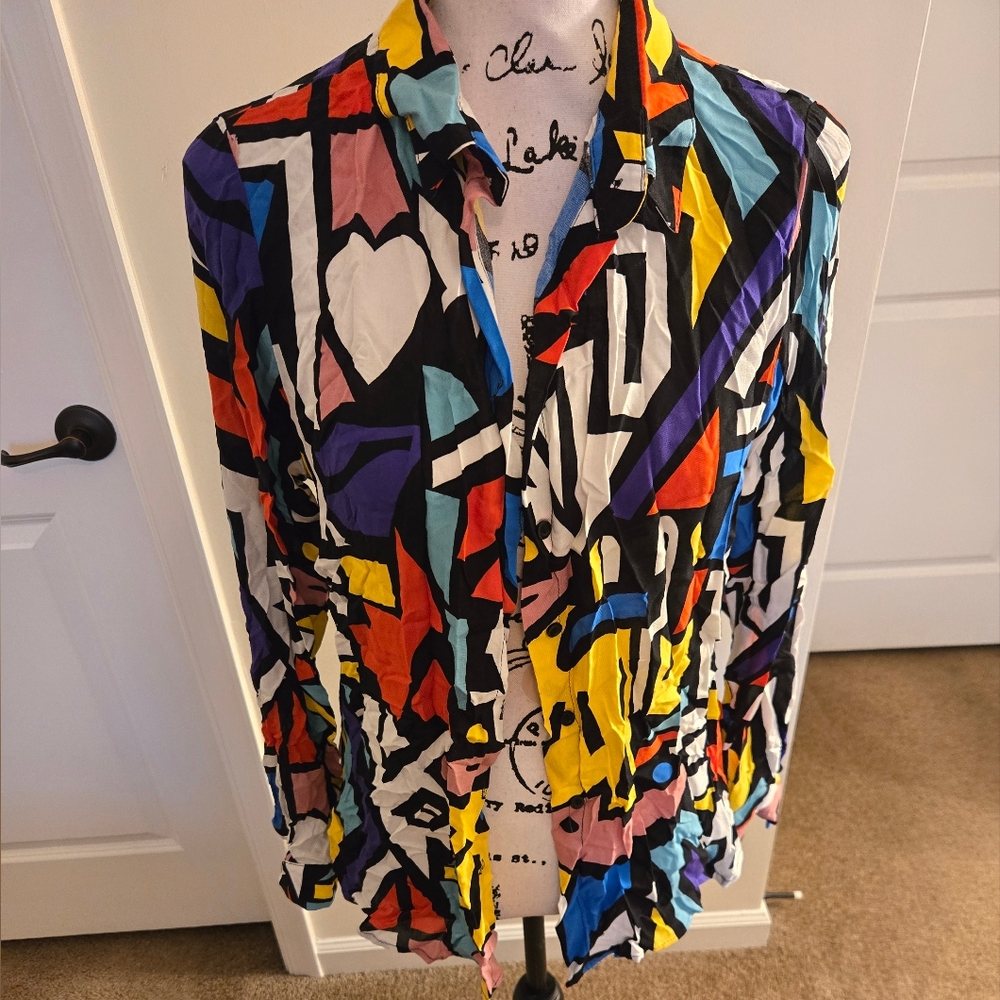 Red and Yellow Graphic Long Sleeve Button Down Shirt - Picture 3 of 4